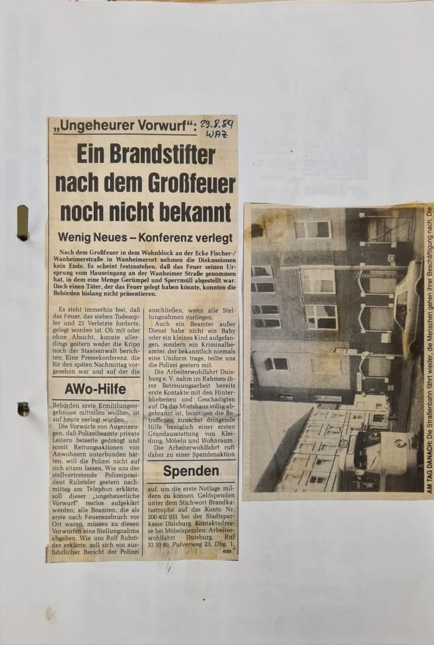 Artikel mit dem Titel: Ungeheurer Vorwurf: Ein Brandstifter nach dem Großbrand noch nicht bekannt. Bildunterschrift (optional): WAZ vom 29.08.1984. Quelle: DISS-Archiv Duisburg.