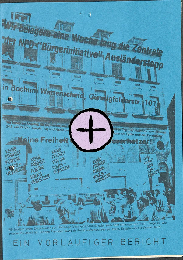  Bürger:innen setzen 1982 ein Zeichen für Demokratie und Solidarität, indem sie eine Woche lang die Zentrale der NÜD-Bürgerinitative „Ausländerstopp“ in Wattenscheid besetzen. Die Quelle zeigt das Cover des vorläufigen Berichts. 