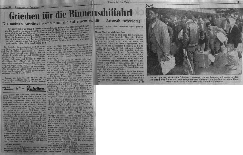halbseitiger Artikel über die Anwerbung griechischer Arbeitskräfte. Foto von ankommenden Menschen mit Gepäck am Hauptbahnhof Duisburg.