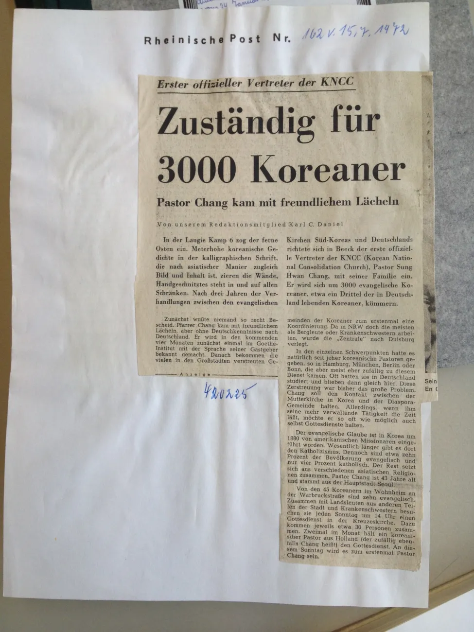 Artikel über die Ankunft des ersten koreanischen Pfarrers in Duisburg.