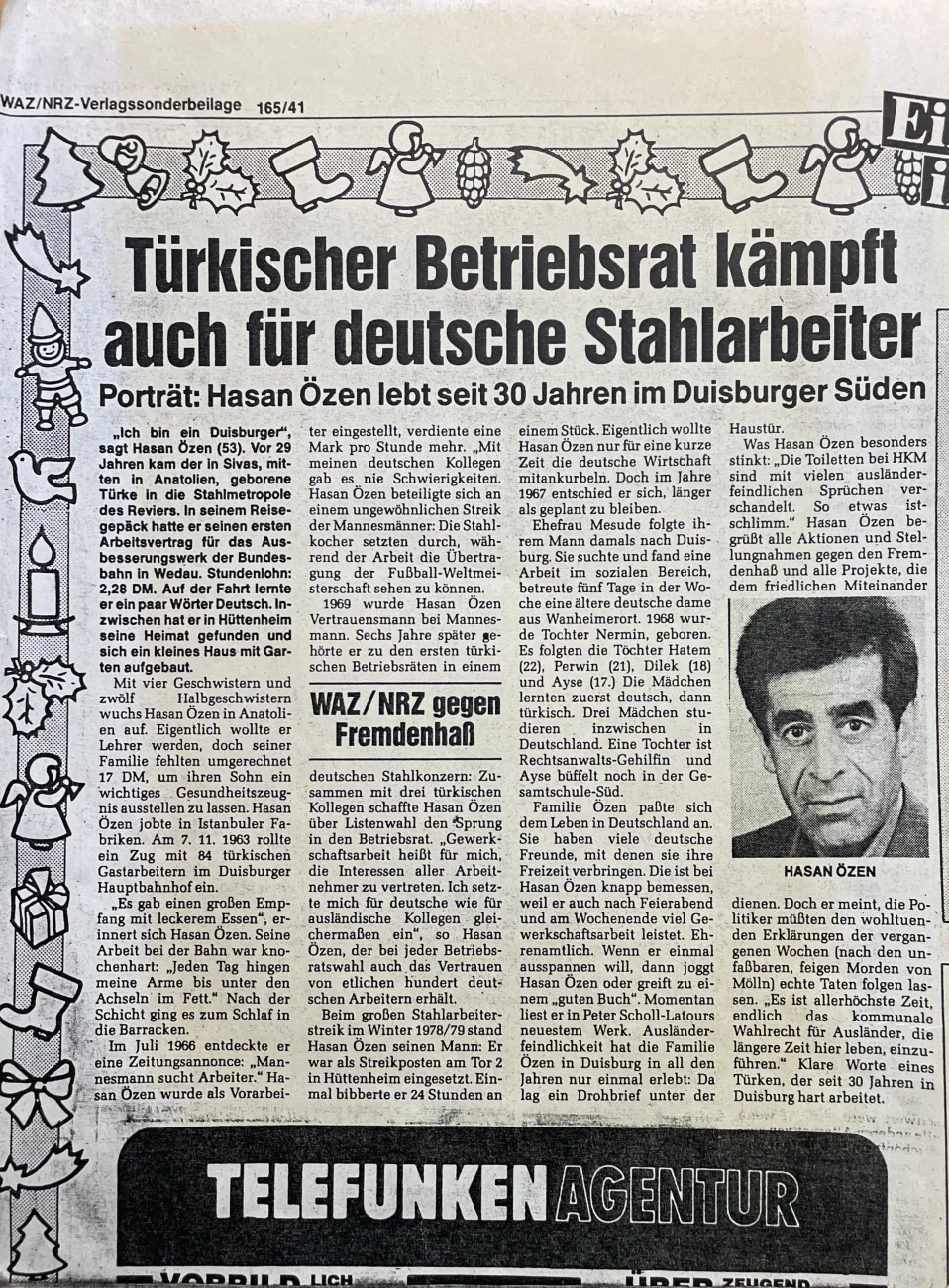 Zeitungsausschnitt mit dem Titel „Türkischer Betriebsrat kämpft auch für deutsche Stahlarbeiter“. Der Artikel porträtiert Hasan Özen und beschreibt sein Engagement als Betriebsrat, Gewerkschafter und Vermittler zwischen deutschen und ausländischen Beschäftigten.