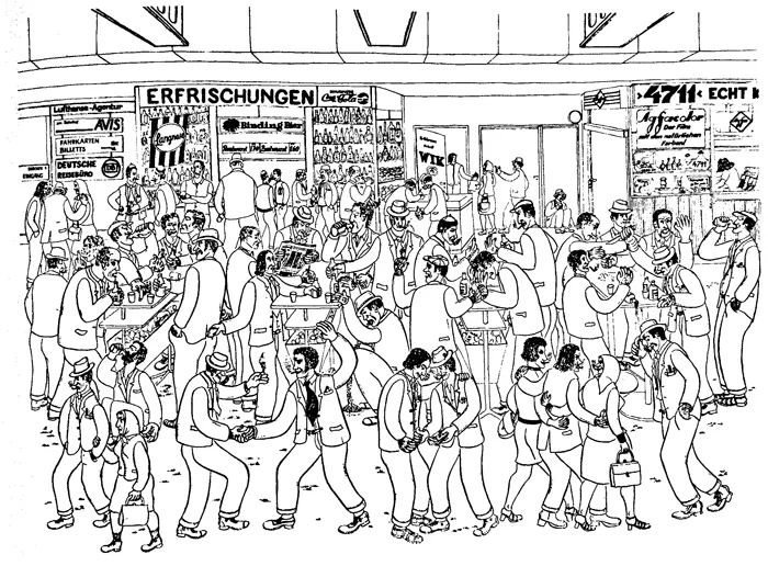 Schwarz-weiße Zeichnung einer dicht gedrängten Menschenmenge vor einem Zeitungskiosk. Die Menschen tragen unterschiedliche Kleidung, einige haben Koffer oder Taschen dabei; im Hintergrund sind Zeitungen, Plakate und die Aufschrift „Erfrischungen“ zu sehen.